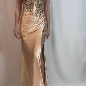Glamorous Gold Maxi Dress with Embellishments